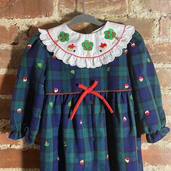 Vintage Glen Plaid Romper Bubble Lace Collar Apple Embroidery 18m - Picture 4 of 12